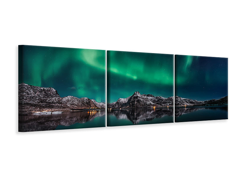 panoramic-3-piece-canvas-print-lofoten-aurora-reflection